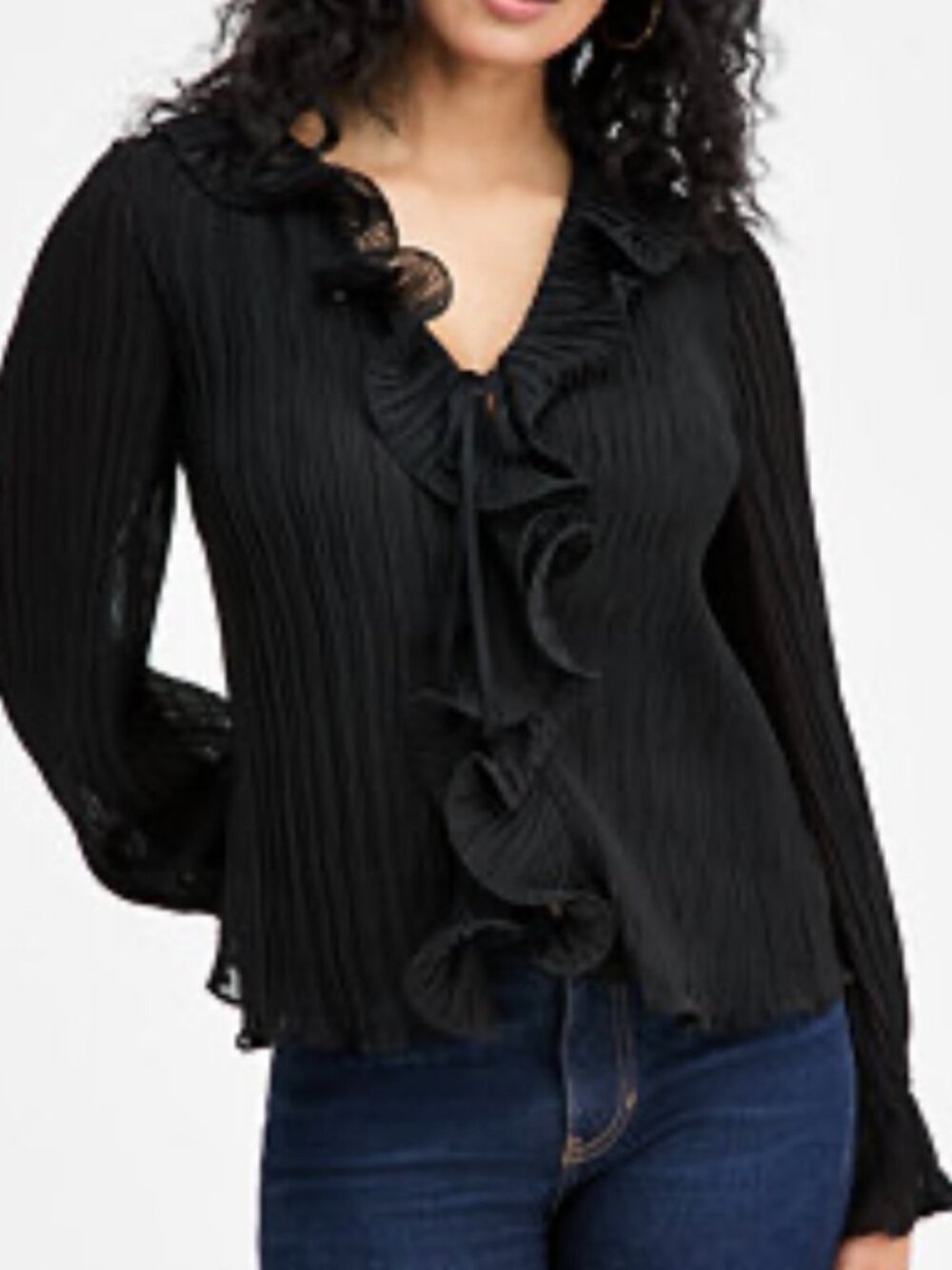 Black Sheer Chiffon Ruffle Long Sleeve Blouse L